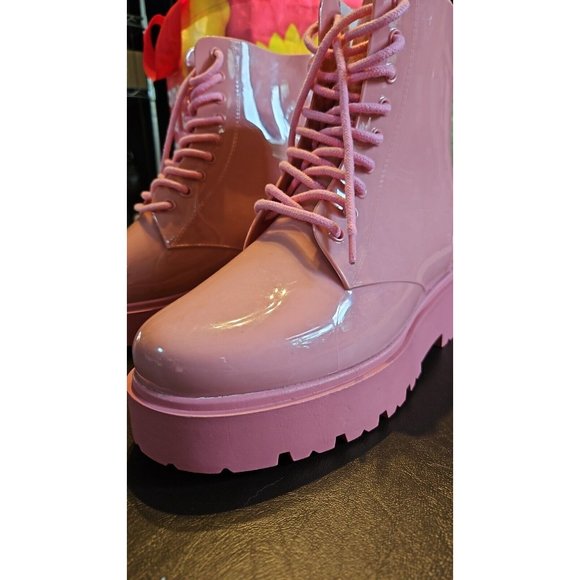 BNWoT NEVER WORN Chunky Pink platform LaceUp Boots Wellies Rubber Platform Shoes - Picture 10 of 14